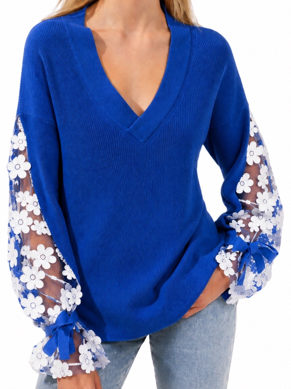 French Connection Royal Blue V-Neck Sweater with Lace-Trim Sleeves